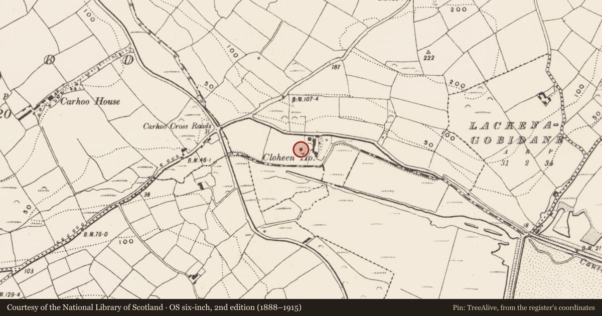 Ordnance Survey six-inch map, 2nd edition (1888–1915) covering the location of Country house, Cloheen (Carbery East By., Kilgarriff Par.), County Cork, with a pin at the register's coordinates