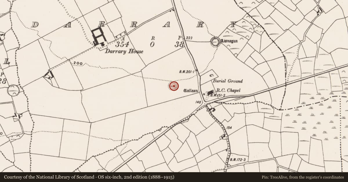 Ordnance Survey six-inch map, 2nd edition (1888–1915) covering the location of Ringfort - rath, Darrary, County Cork, with a pin at the register's coordinates