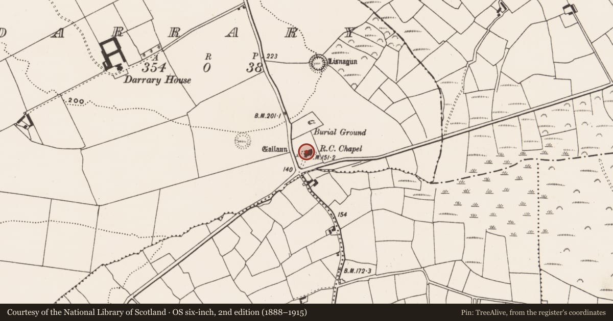Ordnance Survey six-inch map, 2nd edition (1888–1915) covering the location of Graveyard, Darrary, County Cork, with a pin at the register's coordinates