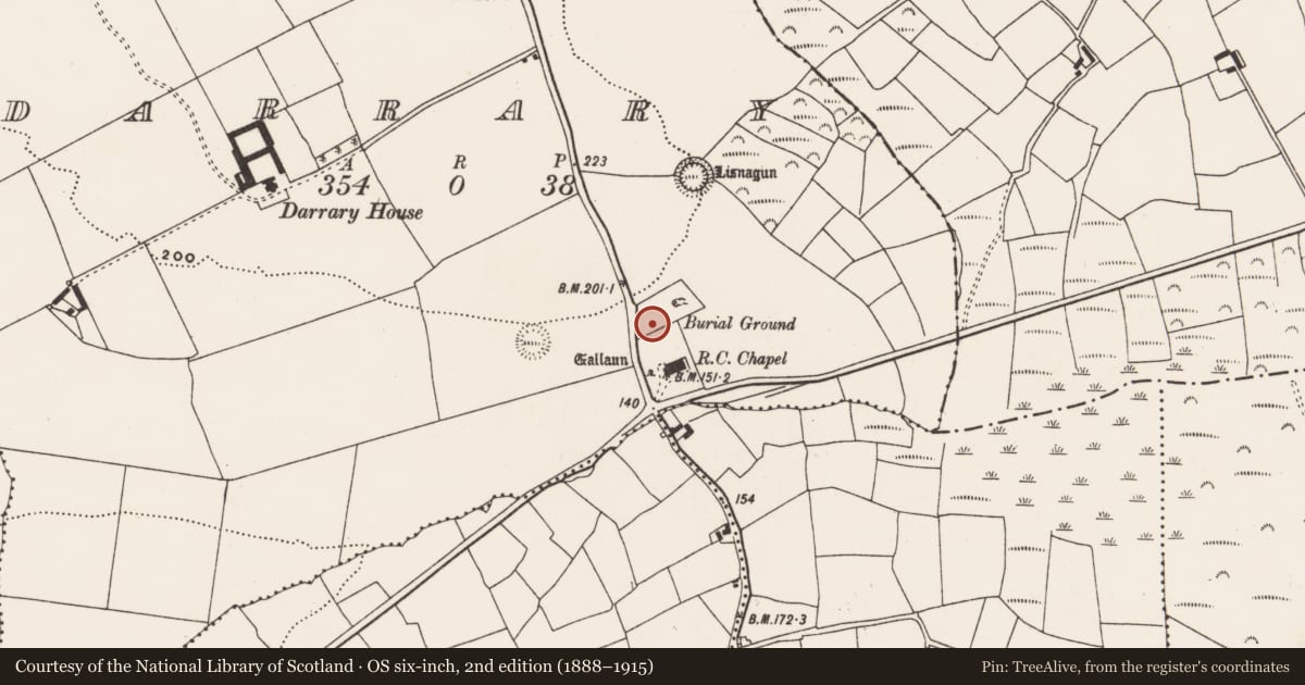 Ordnance Survey six-inch map, 2nd edition (1888–1915) covering the location of Church, Darrary, County Cork, with a pin at the register's coordinates