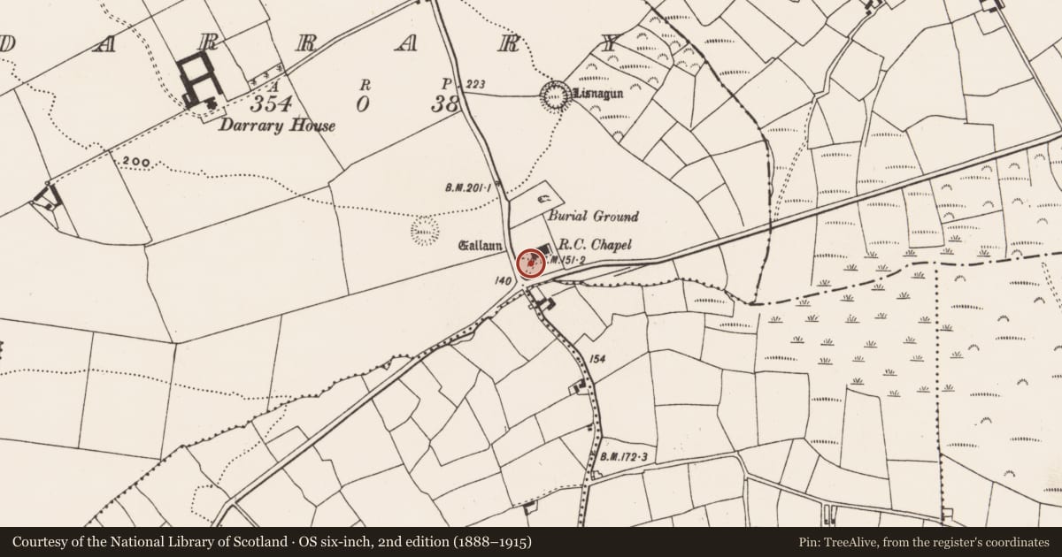 Ordnance Survey six-inch map, 2nd edition (1888–1915) covering the location of Standing stone, Darrary, County Cork, with a pin at the register's coordinates