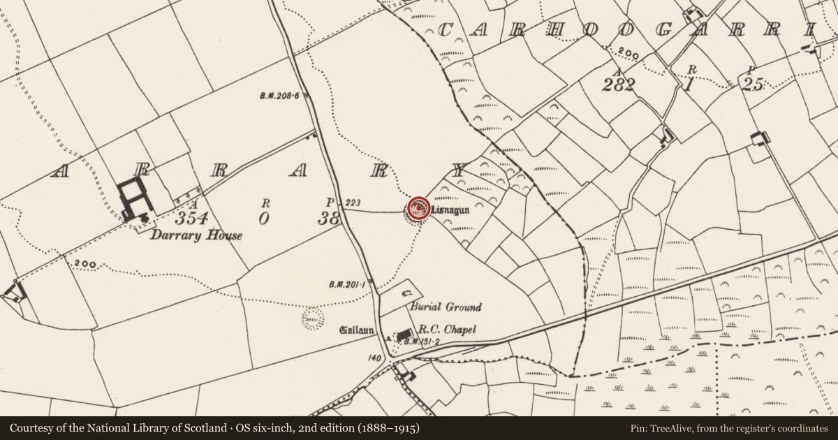 Ordnance Survey six-inch map, 2nd edition (1888–1915) covering the location of Souterrain, Darrary, County Cork, with a pin at the register's coordinates