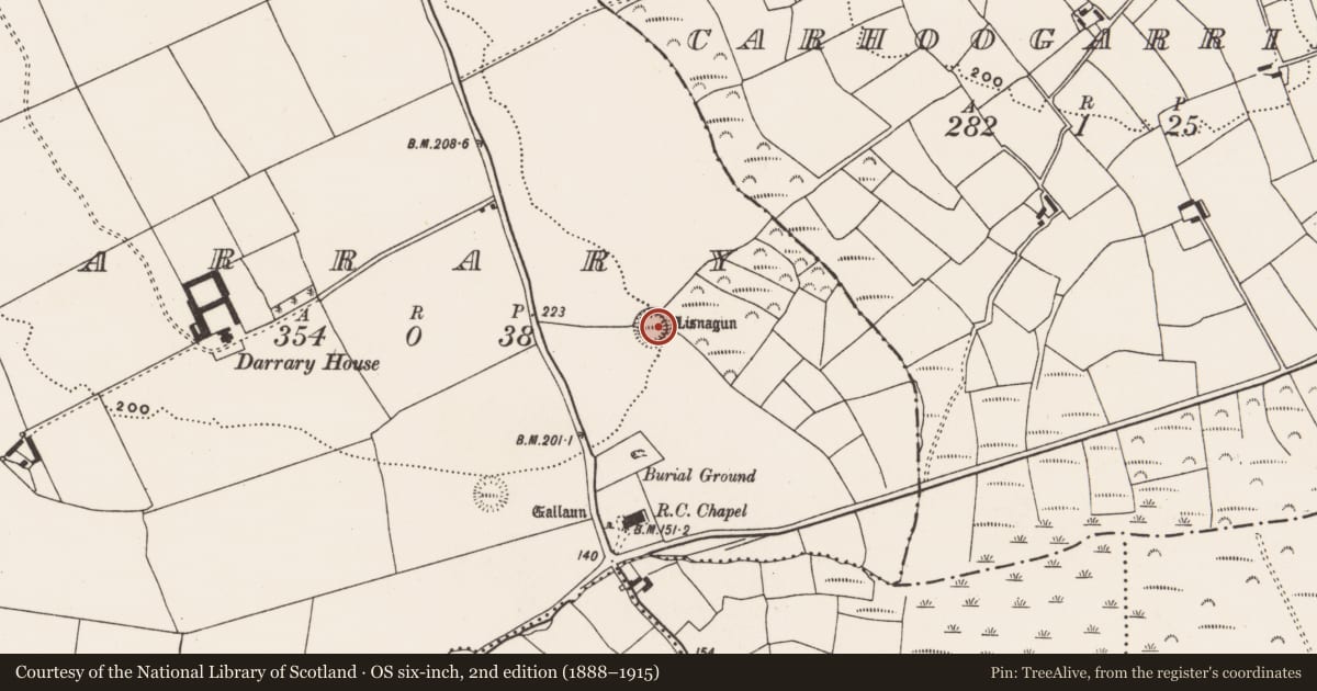 Ordnance Survey six-inch map, 2nd edition (1888–1915) covering the location of Souterrain, Darrary, County Cork, with a pin at the register's coordinates