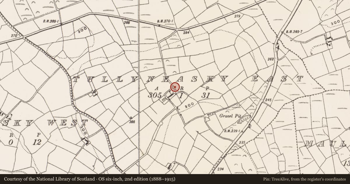Ordnance Survey six-inch map, 2nd edition (1888–1915) covering the location of Ringfort - rath, Tullyneasky East, County Cork, with a pin at the register's coordinates