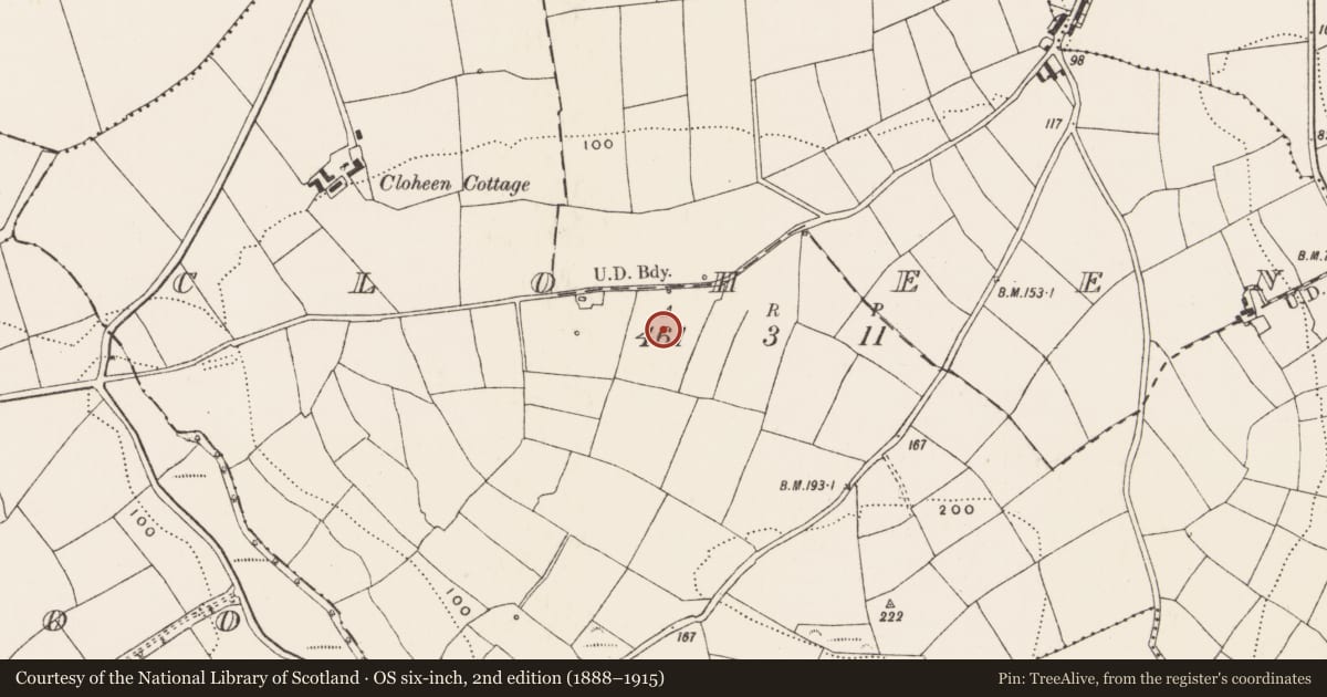 Ordnance Survey six-inch map, 2nd edition (1888–1915) covering the location of Ringfort - rath, Cloheen (Carbery East By., Kilgarriff Par.), County Cork, with a pin at the register's coordinates