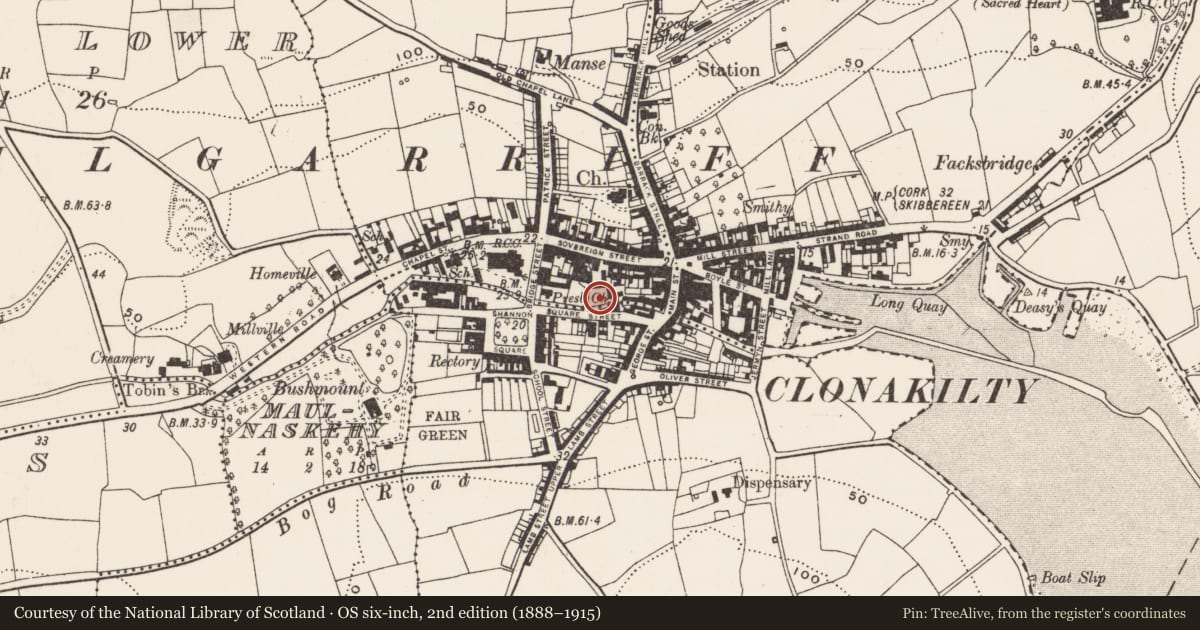 Ordnance Survey six-inch map, 2nd edition (1888–1915) covering the location of Historic town, County Cork, with a pin at the register's coordinates