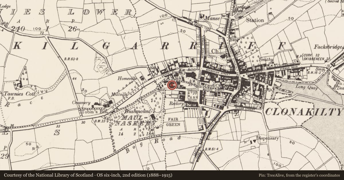 Ordnance Survey six-inch map, 2nd edition (1888–1915) covering the location of Brewery, Youghals, County Cork, with a pin at the register's coordinates