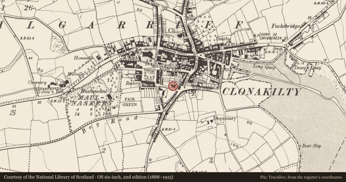 Ordnance Survey six-inch map, 2nd edition (1888–1915) covering the location of Prison, Youghals, County Cork, with a pin at the register's coordinates
