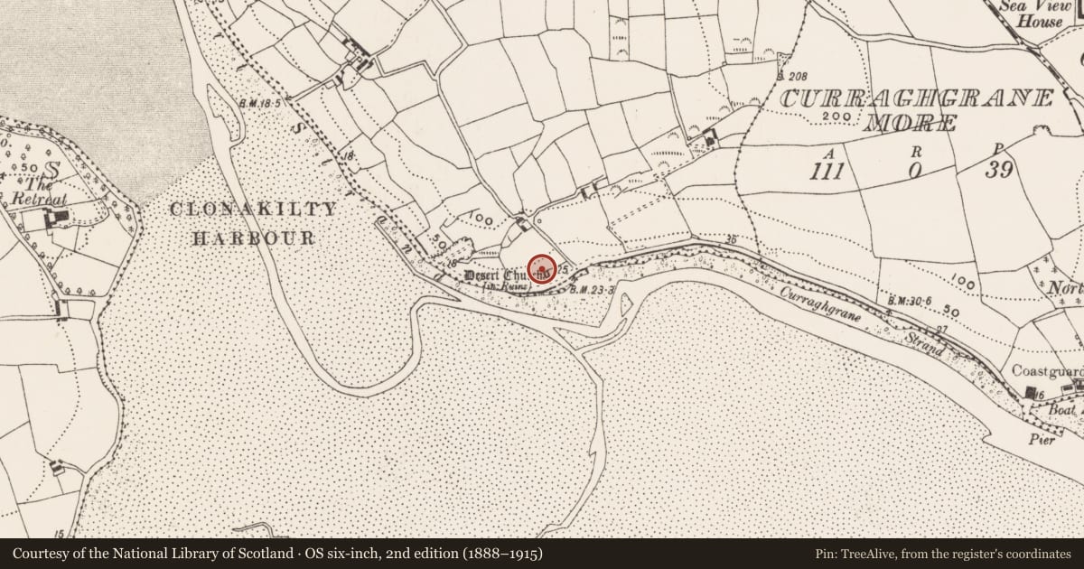 Ordnance Survey six-inch map, 2nd edition (1888–1915) covering the location of Church, Desert, County Cork, with a pin at the register's coordinates