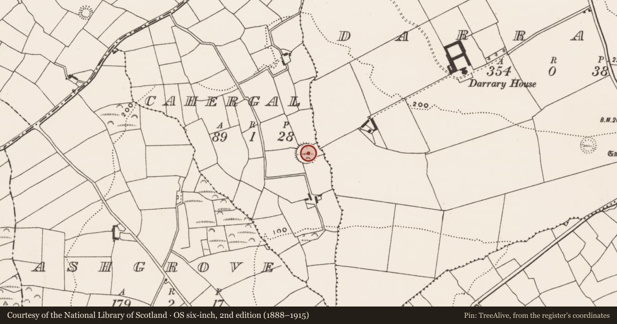 Ordnance Survey six-inch map, 2nd edition (1888–1915) covering the location of Hut site, Cahergal (Ibane and Barryroe By., Templeomalus Par.), County Cork, with a pin at the register's coordinates