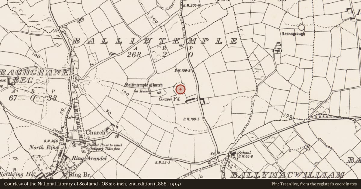 Ordnance Survey six-inch map, 2nd edition (1888–1915) covering the location of Ringfort - rath, Ballintemple, County Cork, with a pin at the register's coordinates