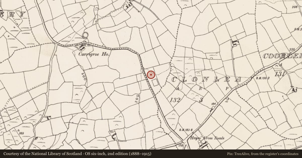 Ordnance Survey six-inch map, 2nd edition (1888–1915) covering the location of Fulacht fia, Creagh Beg, County Cork, with a pin at the register's coordinates