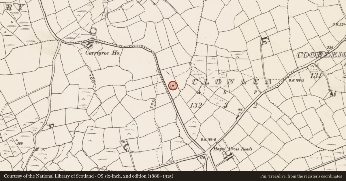 Ordnance Survey six-inch map, 2nd edition (1888–1915) covering the location of Moated site, Creagh Beg, County Cork, with a pin at the register's coordinates