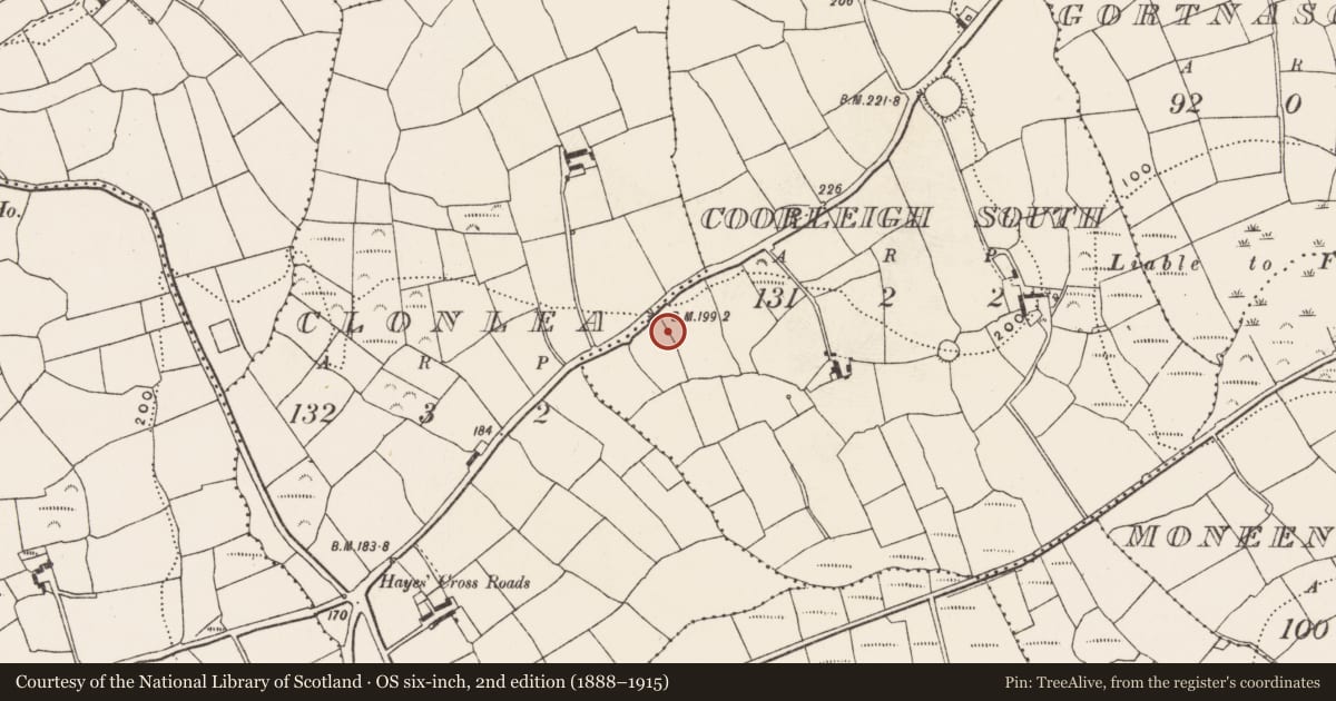 Ordnance Survey six-inch map, 2nd edition (1888–1915) covering the location of Mass-rock, Coorleigh South, County Cork, with a pin at the register's coordinates