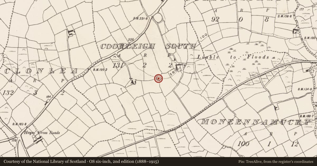 Ordnance Survey six-inch map, 2nd edition (1888–1915) covering the location of Ringfort - rath, Coorleigh South, County Cork, with a pin at the register's coordinates