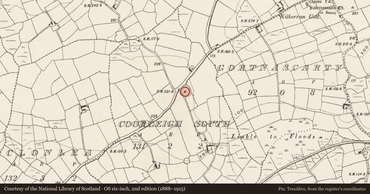 Ordnance Survey six-inch map, 2nd edition (1888–1915) covering the location of Ringfort - rath, Coorleigh South, County Cork, with a pin at the register's coordinates