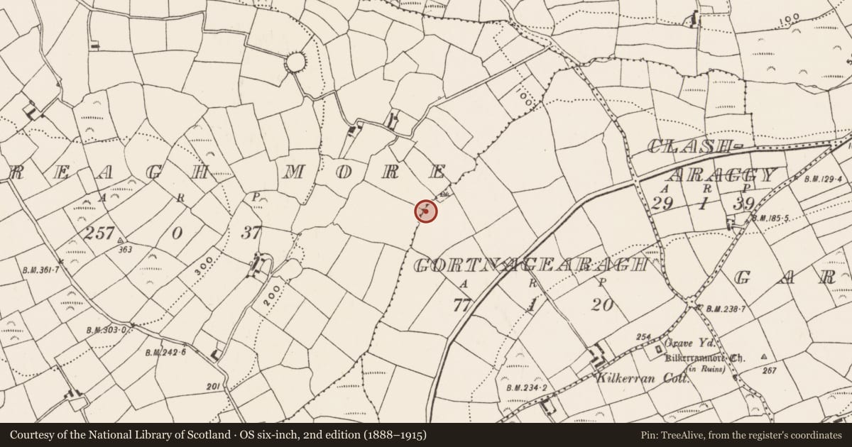 Ordnance Survey six-inch map, 2nd edition (1888–1915) covering the location of Fulacht fia, Gortnagearagh, County Cork, with a pin at the register's coordinates
