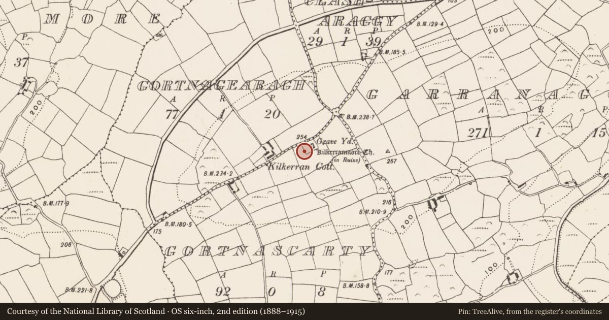 Ordnance Survey six-inch map, 2nd edition (1888–1915) covering the location of Souterrain, Gort Na Scairte, County Cork, with a pin at the register's coordinates