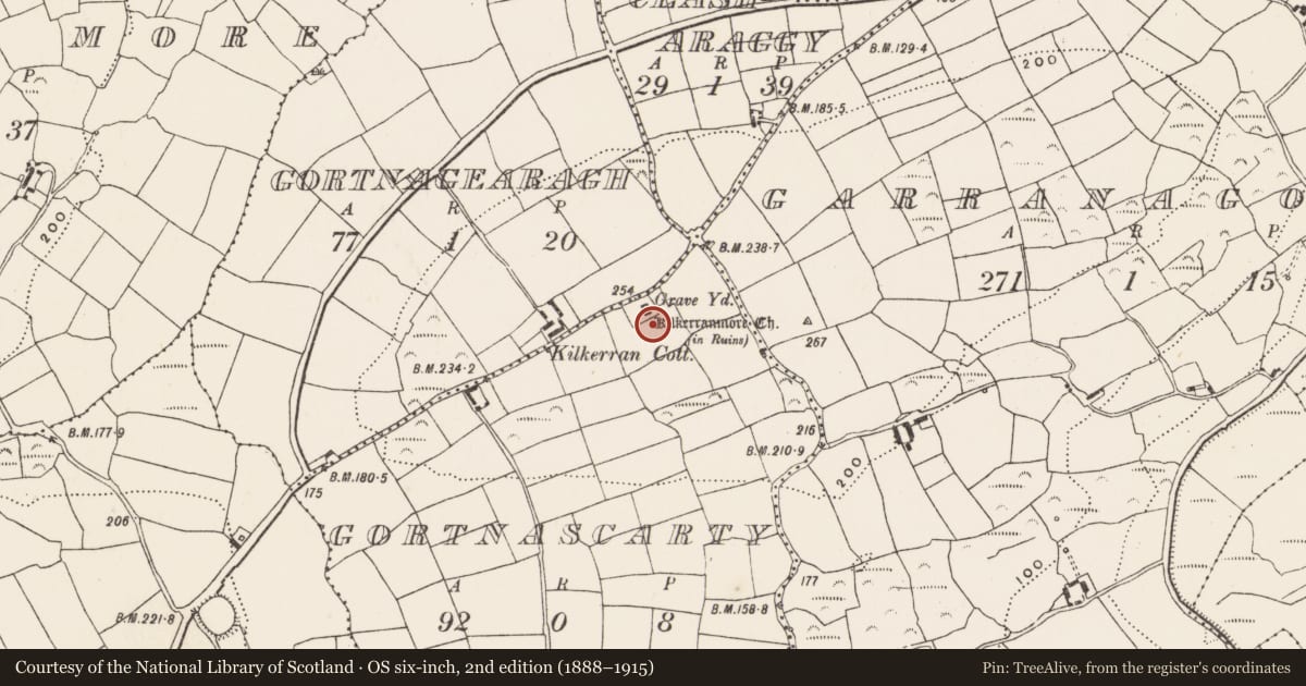 Ordnance Survey six-inch map, 2nd edition (1888–1915) covering the location of Megalithic structure, Gort Na Scairte, County Cork, with a pin at the register's coordinates