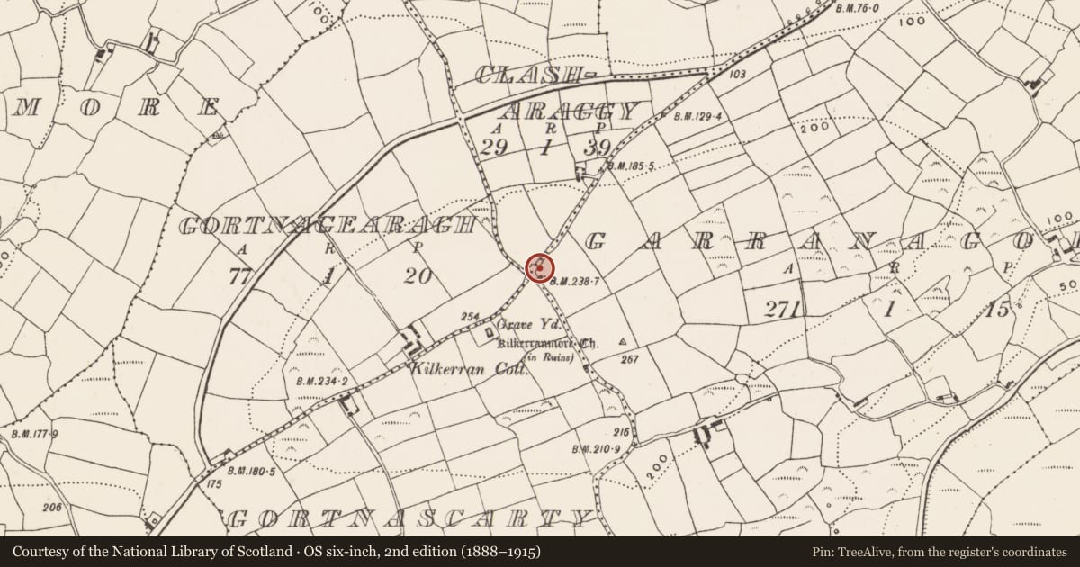 Ordnance Survey six-inch map, 2nd edition (1888–1915) covering the location of Font, Garranagoleen, County Cork, with a pin at the register's coordinates