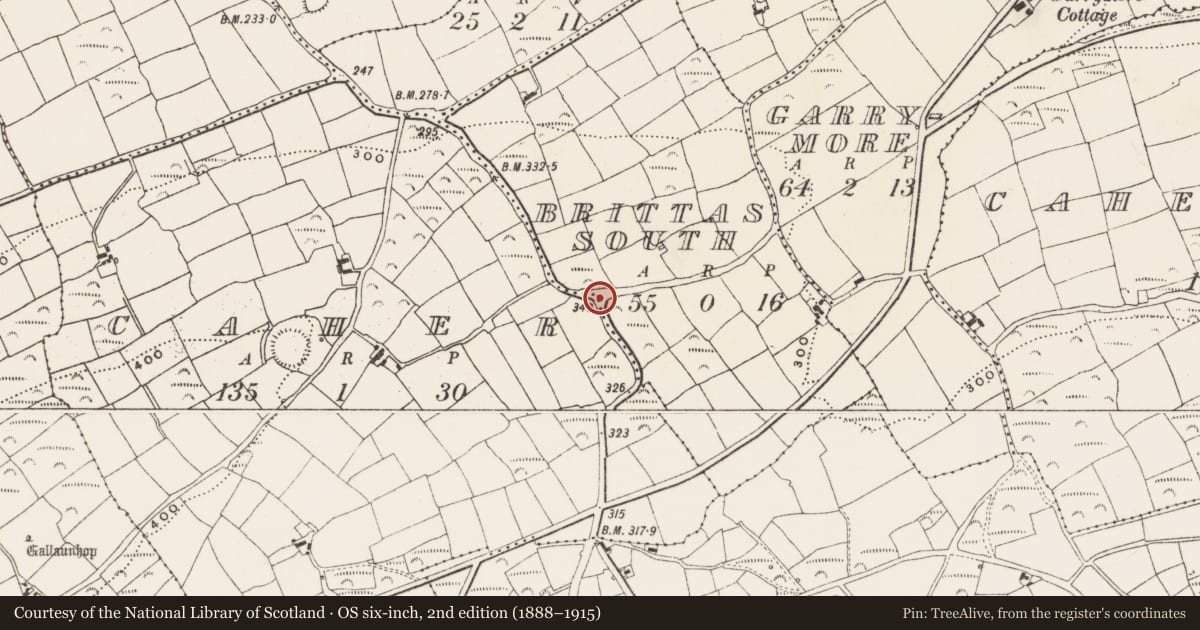 Ordnance Survey six-inch map, 2nd edition (1888–1915) covering the location of Burial ground, Brittas South, Caher, County Cork, with a pin at the register's coordinates