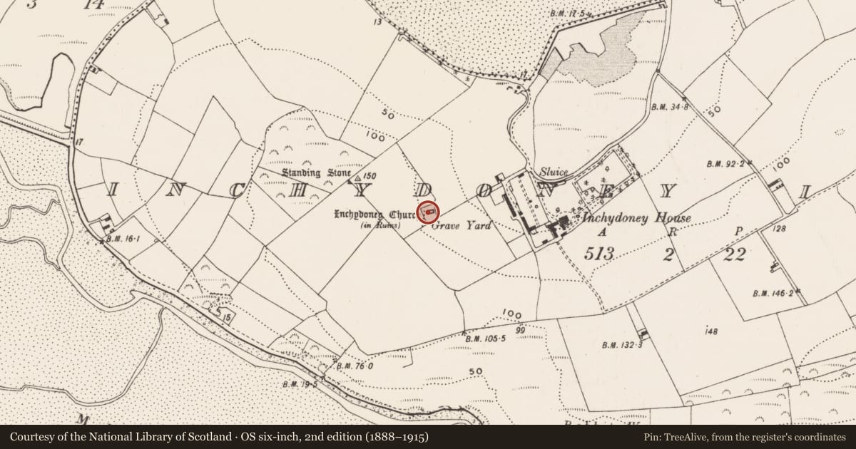Ordnance Survey six-inch map, 2nd edition (1888–1915) covering the location of Graveyard, Inchydoney Island, County Cork, with a pin at the register's coordinates