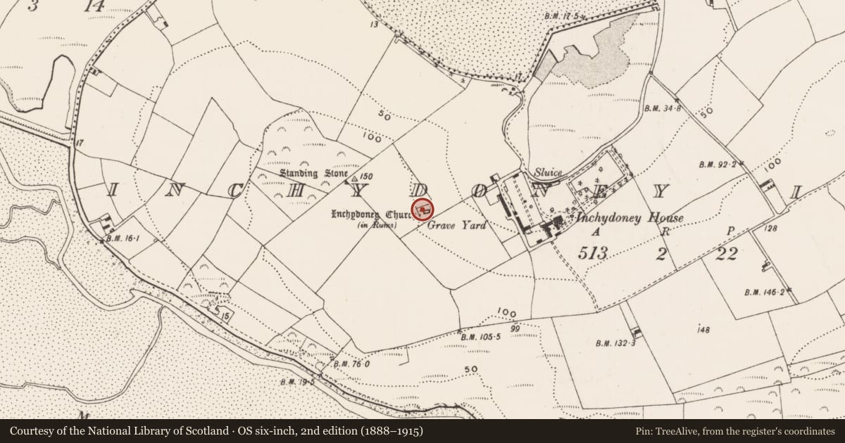 Ordnance Survey six-inch map, 2nd edition (1888–1915) covering the location of Church, Inchydoney Island, County Cork, with a pin at the register's coordinates