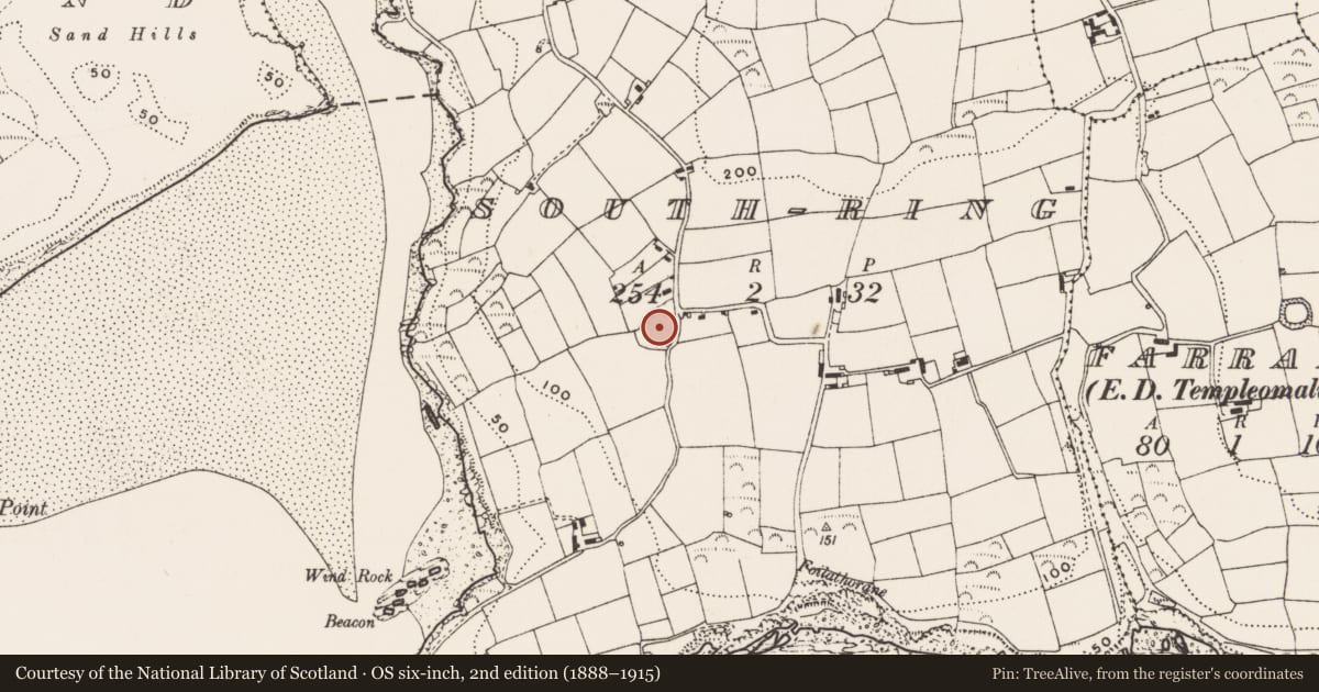 Ordnance Survey six-inch map, 2nd edition (1888–1915) covering the location of Burial ground, South Ring, County Cork, with a pin at the register's coordinates