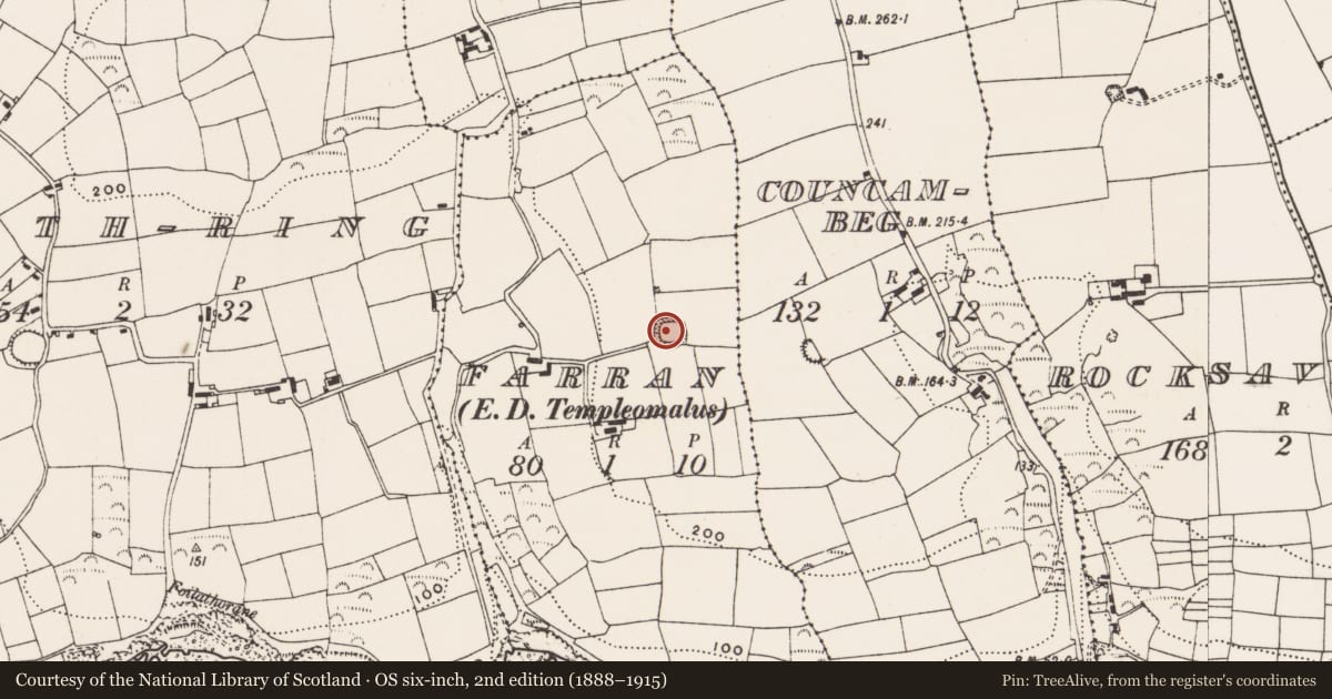 Ordnance Survey six-inch map, 2nd edition (1888–1915) covering the location of Ringfort - rath, Farran (Ibane and Barryroe By., Templeomalus Par.), County Cork, with a pin at the register's coordinates