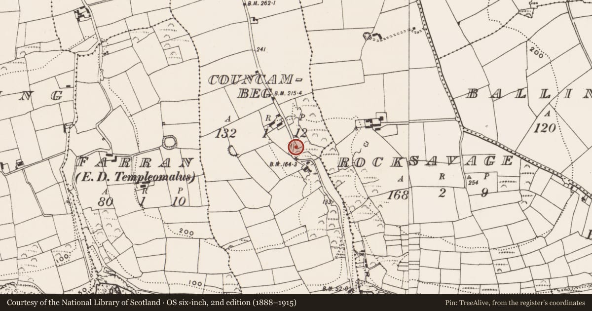 Ordnance Survey six-inch map, 2nd edition (1888–1915) covering the location of Mass-rock, Councambeg, County Cork, with a pin at the register's coordinates