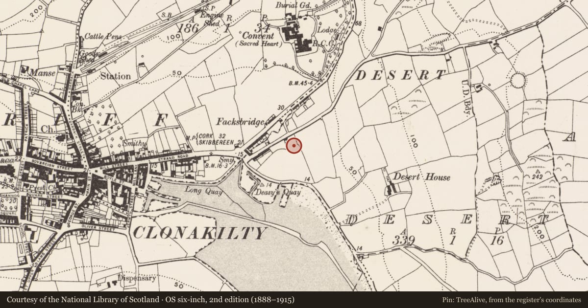 Ordnance Survey six-inch map, 2nd edition (1888–1915) covering the location of Enclosure, Desert, County Cork, with a pin at the register's coordinates