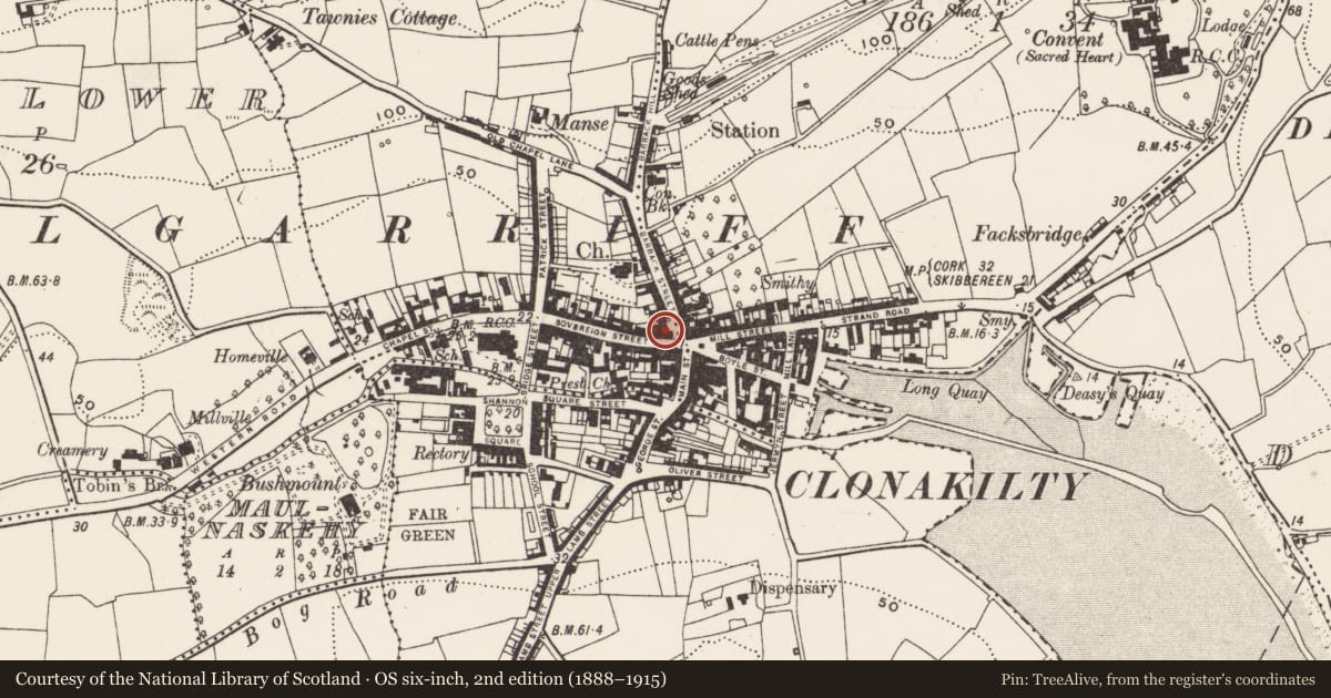 Ordnance Survey six-inch map, 2nd edition (1888–1915) covering the location of Market-house, Tawnies Upper, County Cork, with a pin at the register's coordinates