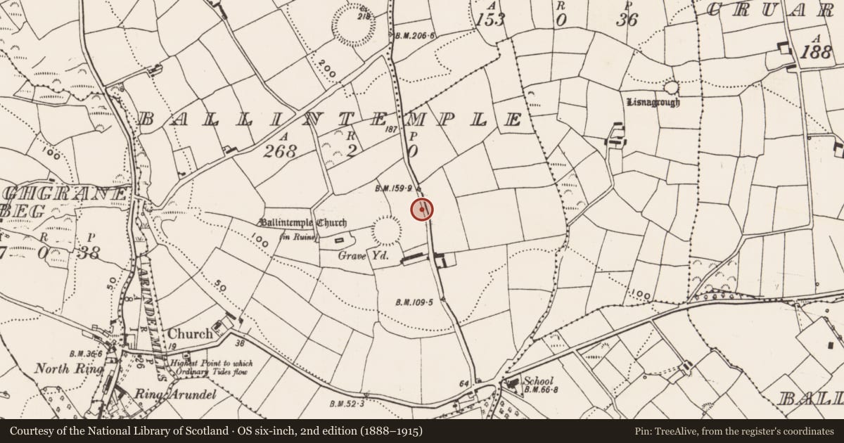 Ordnance Survey six-inch map, 2nd edition (1888–1915) covering the location of Enclosure, Ballintemple, County Cork, with a pin at the register's coordinates