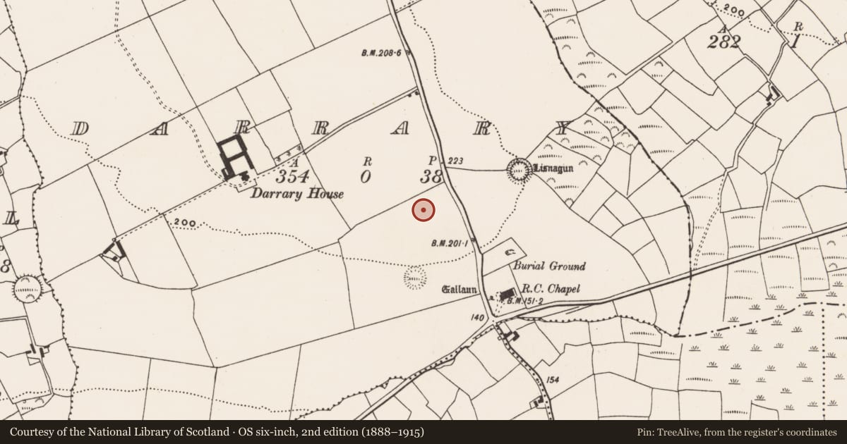 Ordnance Survey six-inch map, 2nd edition (1888–1915) covering the location of Enclosure, Darrary, County Cork, with a pin at the register's coordinates