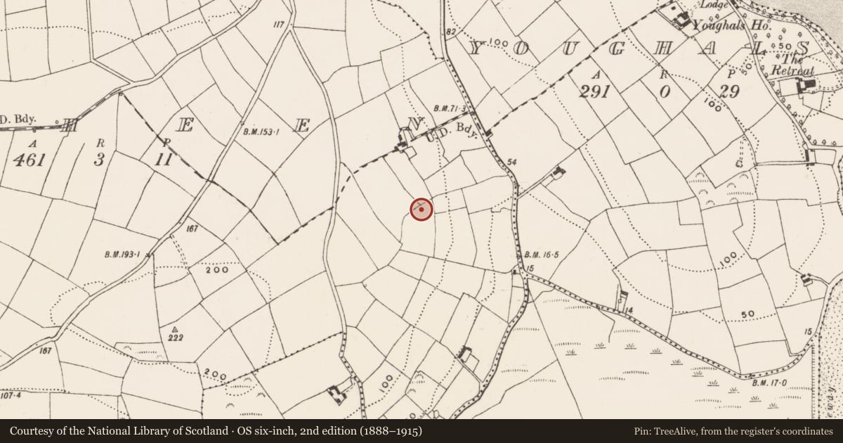 Ordnance Survey six-inch map, 2nd edition (1888–1915) covering the location of Burnt mound, Cloheen (Carbery East By., Island Par.), County Cork, with a pin at the register's coordinates