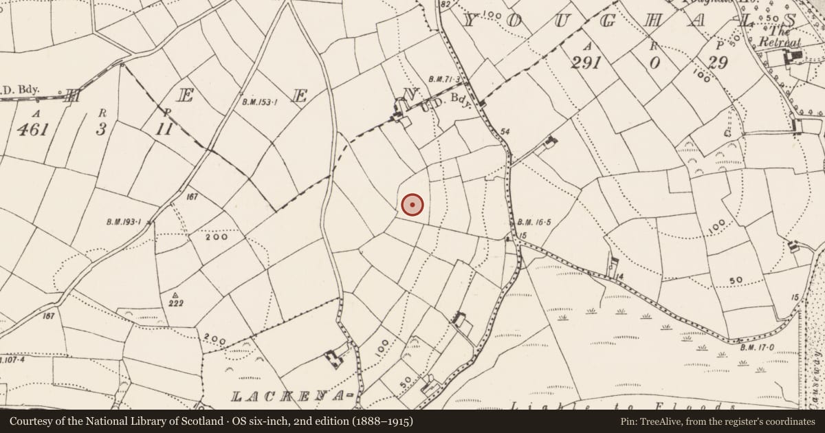 Ordnance Survey six-inch map, 2nd edition (1888–1915) covering the location of Burnt mound, Cloheen (Carbery East By., Island Par.), County Cork, with a pin at the register's coordinates
