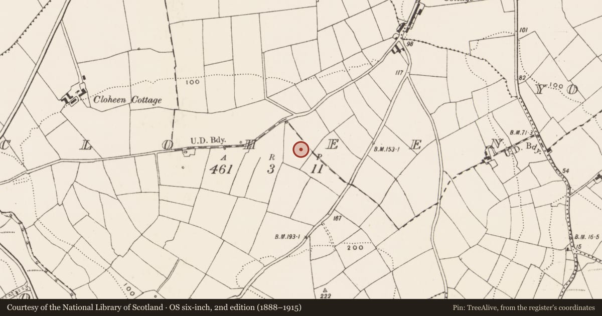 Ordnance Survey six-inch map, 2nd edition (1888–1915) covering the location of Fulacht fia, Cloheen (Carbery East By., Kilgarriff Par.), County Cork, with a pin at the register's coordinates