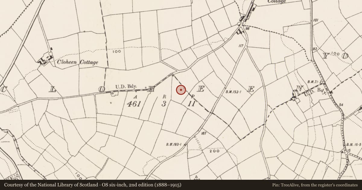 Ordnance Survey six-inch map, 2nd edition (1888–1915) covering the location of Fulacht fia, Cloheen (Carbery East By., Kilgarriff Par.), County Cork, with a pin at the register's coordinates