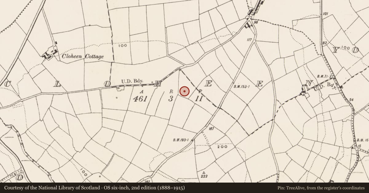 Ordnance Survey six-inch map, 2nd edition (1888–1915) covering the location of Fulacht fia, Cloheen (Carbery East By., Kilgarriff Par.), County Cork, with a pin at the register's coordinates