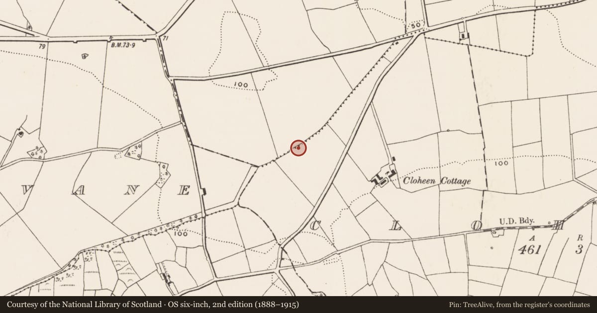 Ordnance Survey six-inch map, 2nd edition (1888–1915) covering the location of Fulacht fia, Cloheen (Carbery East By., Kilgarriff Par.), County Cork, with a pin at the register's coordinates