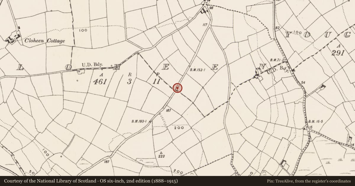 Ordnance Survey six-inch map, 2nd edition (1888–1915) covering the location of Road - road/trackway, Cloheen (Carbery East By., Kilgarriff Par.), County Cork, with a pin at the register's coordinates