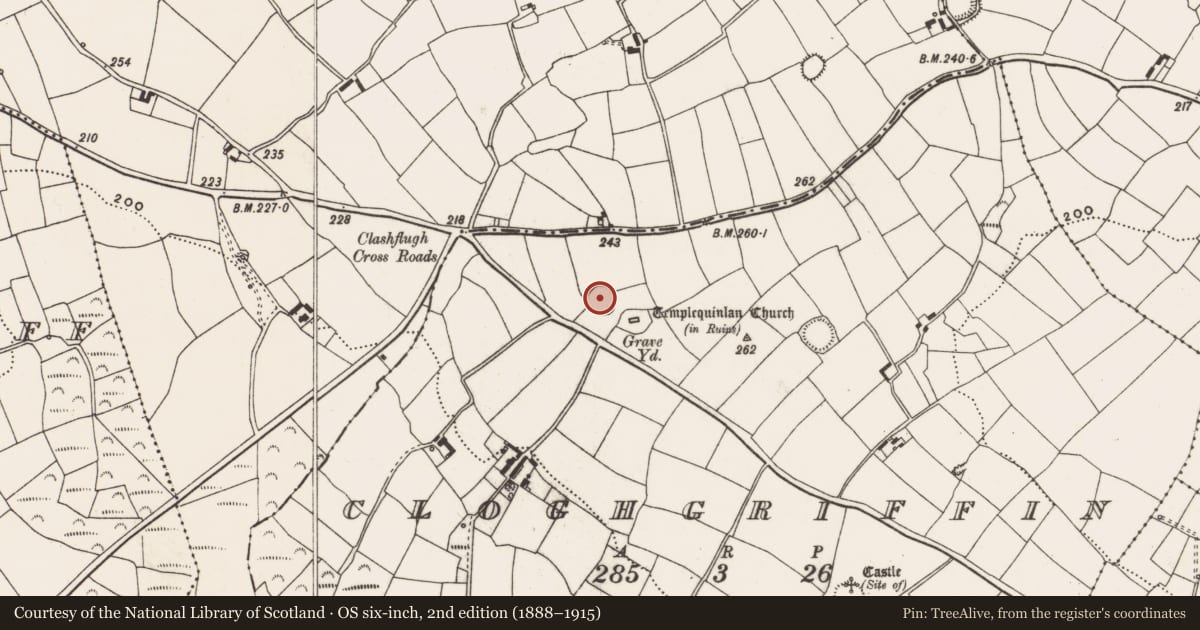 Ordnance Survey six-inch map, 2nd edition (1888–1915) covering the location of Ringfort - rath, Cloghgriffin, County Cork, with a pin at the register's coordinates