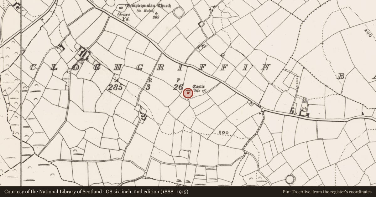 Ordnance Survey six-inch map, 2nd edition (1888–1915) covering the location of Ringfort - rath, Cloghgriffin, County Cork, with a pin at the register's coordinates