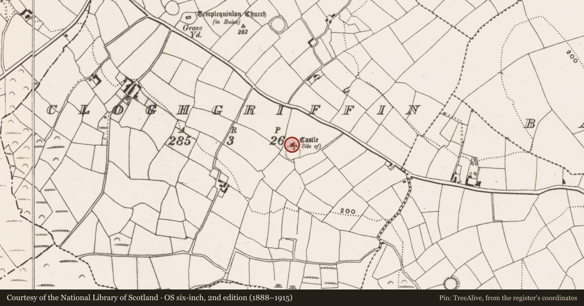 Ordnance Survey six-inch map, 2nd edition (1888–1915) covering the location of Castle - unclassified, Cloghgriffin, County Cork, with a pin at the register's coordinates