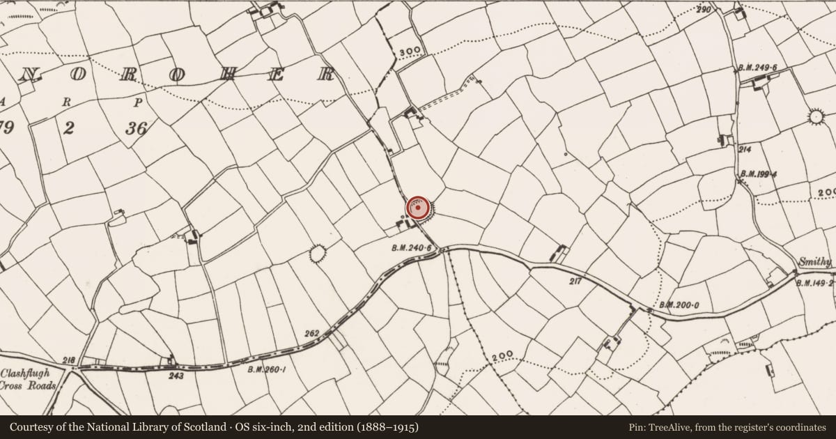 Ordnance Survey six-inch map, 2nd edition (1888–1915) covering the location of Enclosure, Carhoo (Ibane and Barryroe By., Timoleague Par.), County Cork, with a pin at the register's coordinates
