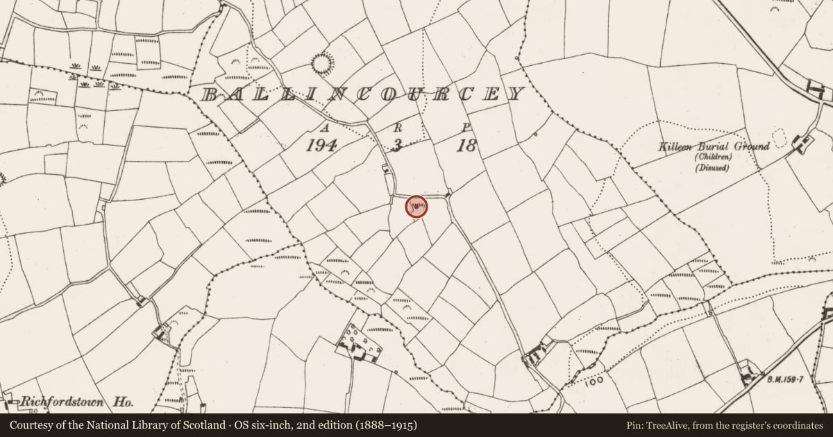 Ordnance Survey six-inch map, 2nd edition (1888–1915) covering the location of Burial ground, Ballincourcey, County Cork, with a pin at the register's coordinates
