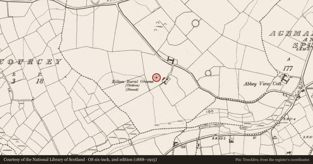 Ordnance Survey six-inch map, 2nd edition (1888–1915) covering the location of Burial ground, Barryshall, County Cork, with a pin at the register's coordinates