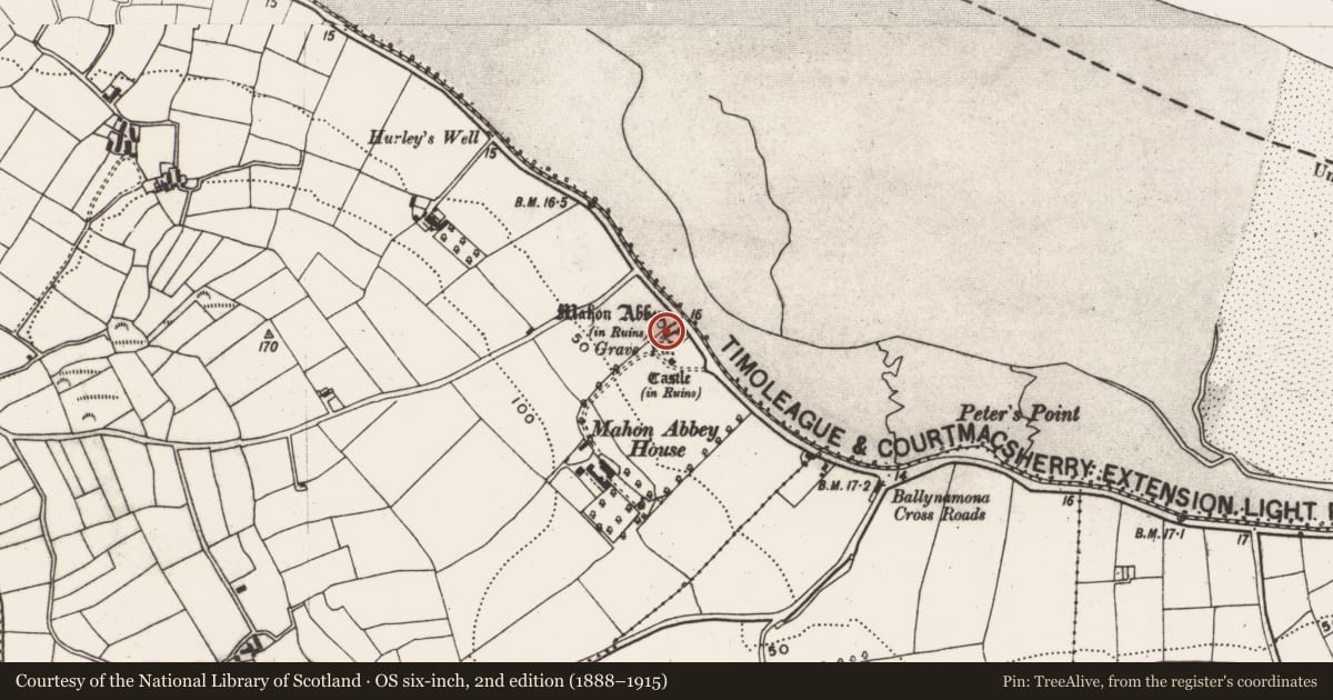 Ordnance Survey six-inch map, 2nd edition (1888–1915) covering the location of Religious house - Cistercian monks, Abbeymahon, County Cork, with a pin at the register's coordinates
