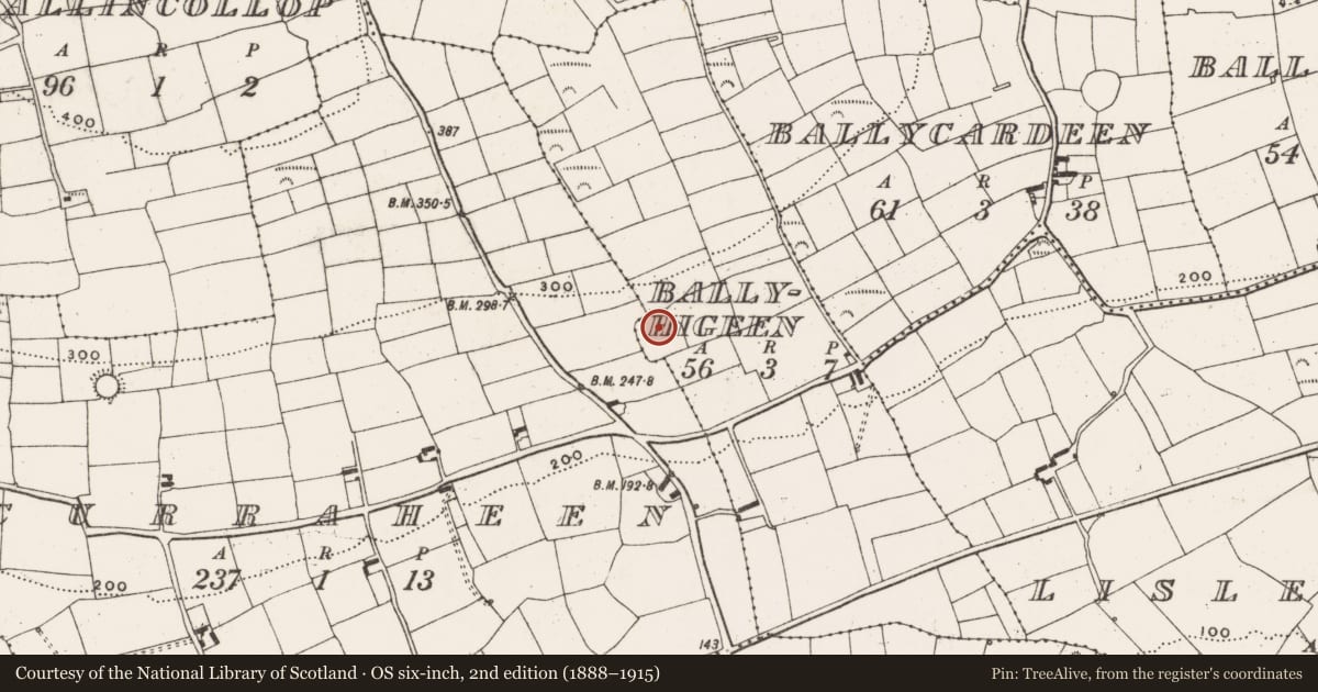 Ordnance Survey six-inch map, 2nd edition (1888–1915) covering the location of Enclosure, Ballyhigeen, County Cork, with a pin at the register's coordinates