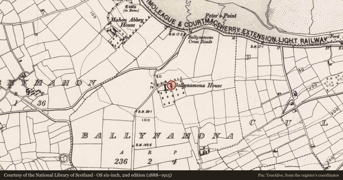 Ordnance Survey six-inch map, 2nd edition (1888–1915) covering the location of Building, Ballynamona, County Cork, with a pin at the register's coordinates